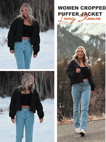 Flygo Winter Cropped Puffer Jacket Coats for Women 2024 Short Warm Quilted Jackets Outerwear with Pockets in Kuwait