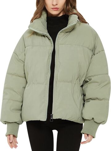 Flygo Winter Cropped Puffer Jacket Coats for Women 2024 Short Warm Quilted Jackets Outerwear with Pockets in Kuwait