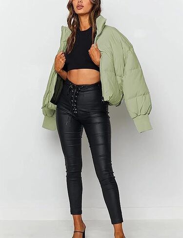 Flygo Winter Cropped Puffer Jacket Coats for Women 2024 Short Warm Quilted Jackets Outerwear with Pockets in Kuwait