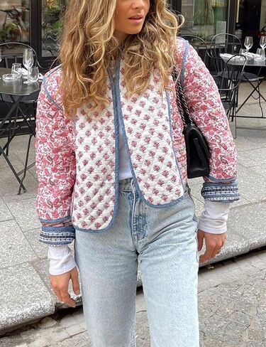 Yimoon Women's Quilted Jacket Lightweight Floral Print Cropped Puffer Coat Short Padded Open Front Winter Outwear in Saudi Arabia