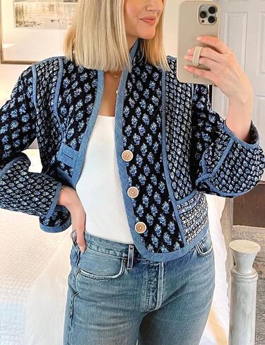 Yimoon Women's Quilted Jacket Lightweight Floral Print Cropped Puffer Coat Short Padded Open Front Winter Outwear in Saudi Arabia