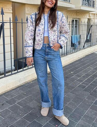 Yimoon Women's Quilted Jacket Lightweight Floral Print Cropped Puffer Coat Short Padded Open Front Winter Outwear in Kuwait