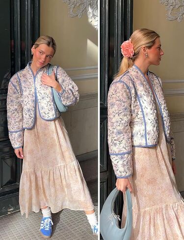 Yimoon Women's Quilted Jacket Lightweight Floral Print Cropped Puffer Coat Short Padded Open Front Winter Outwear in Kuwait