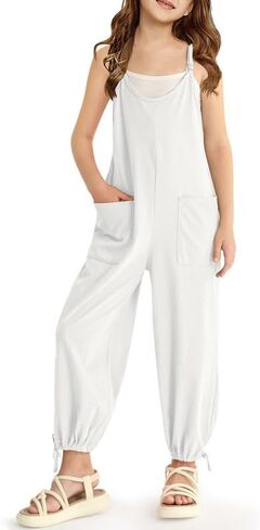 BesserBay Big Girls Casual White Jumpsuit Drawstring Cuffs Long Pants V Neck Spaghetti Strap Romper 13-14 Years in Saudi Arabia