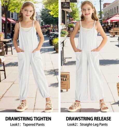 BesserBay Big Girls Casual White Jumpsuit Drawstring Cuffs Long Pants V Neck Spaghetti Strap Romper 13-14 Years in Saudi Arabia