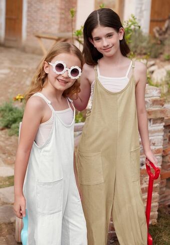 BesserBay Big Girls Casual White Jumpsuit Drawstring Cuffs Long Pants V Neck Spaghetti Strap Romper 13-14 Years in Saudi Arabia