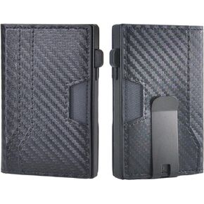 Minimalist Wallet for Men, RFID Card Holder Wallet with Money Clip & ID Window, Pop Up Wallet with Leather Slot for 10 Cards (Metal, Black CF)