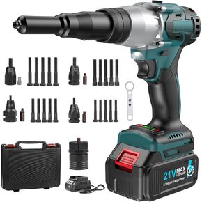 2-IN-1 Cordless Rivet Nut Gun Set (10-24 & 1/4 & 5/16 & 3/8), Portable Battery Powered Pop Rivet Insert Installation Tool Automatic Manual Range Memory Mode Electric Assembly Nutsert Gun 4pcs Adapter