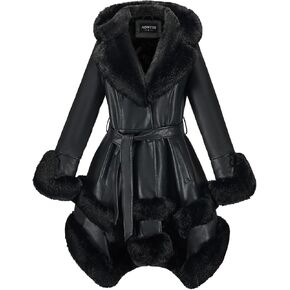 Faux Leather Jacket for Women with Faux Fur Collar Long Sleeve Parka with Pockets Warm Winter Coat with Belt