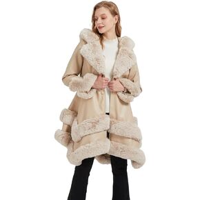 Faux Leather Jacket for Women with Faux Fur Collar Long Sleeve Parka with Pockets Warm Winter Coat with Belt