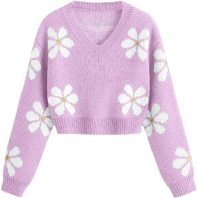 SHENHE Girl's Floral Print V Neck Long Sleeve Knitted Cropped Sweater Jumper Tops