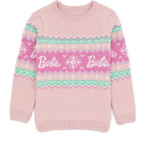Barbie Girls Christmas Jumper Kids Dolls Logo Pink Knitted Xmas Sweater