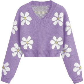 SHENHE Girl's Floral Print V Neck Long Sleeve Knitted Cropped Sweater Jumper Tops