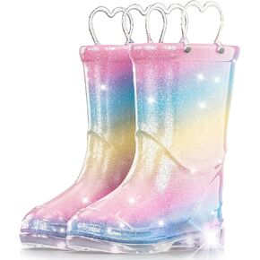 Toddler Rain Boots Girls Rain Boots - Glitter Light Up Kids Rain Boots with Easy-On Handles Lightwight Waterproof Rain Shoes(Toddler/Little/Big kids)