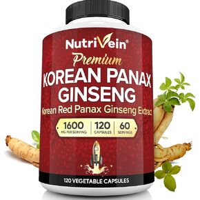 Nutrivein Korean Red Panax Ginseng 1600mg - 120 Capsules - High Potency for Energy, Focus, Performance, Vitality & Immune Support - for Men and Women