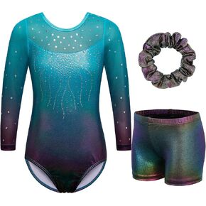 BAOHULU Gymnastics Leotard for Girls with Shorts Set 3/4 Sleeve Kids Shiny Practice Dancewear