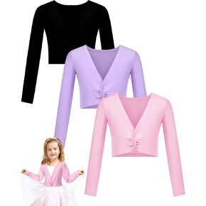 Handepo 3 Pcs Girls Ballet Wrap Ballet Cover up Ballet Top Sweater Cotton Long Sleeve Dance Shrug Dance Leotard for Kids