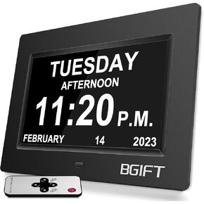 Bgift Digtal Clock with Day and Date for Seniors, Large LCD Time Display, Auto Dimmable, 12 Alarm Settings - Best for The Elderly