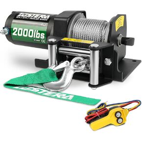 2000lbs ATV/UTV Winch Electric Winch 12V,ATV Winch with Synthetic Rope,Trailer Boat RV Towing Winches,with Wired Manual Remote Control Switch,with Mounting Plate,with Fairlead&Hook
