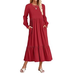 ZESICA Women's 2025 Spring Long Sleeve Dress Crewneck Casual Loose Pleated Tiered Swing Midi Dresses with Pockets