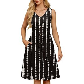 Sundresses for Women Summer V Neck Button Down Empire Waist Casual Sleeveless Swing Beach Mini Dress with Pockets