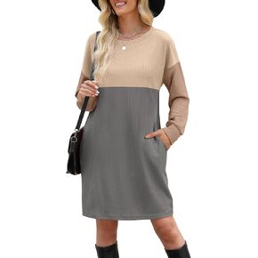 WIHOLL Womens Long Sleeve Dress Loose Fit Casual Crewneck Flowy Mini Dresses with Pockets Fall Fashion