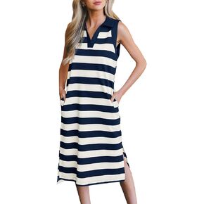 Wenrine Women's Striped Summer Dress Casual Polo V Neck Sleeveless Slit Loose Fit T Shirt Midi Dresses