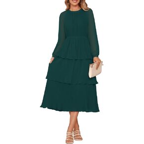 ZESICA Women's Long Sleeve Crew Neck Ruffle Tiered Layered Chiffon Flowy Swing Long Midi Dress in Saudi Arabia
