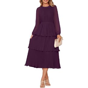 ZESICA Women's Long Sleeve Crew Neck Ruffle Tiered Layered Chiffon Flowy Swing Long Midi Dress