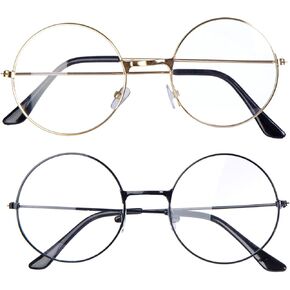 2 Pack Round Costume Glasses,Cosplay Old Man Costume Glasses Santa Gold Round Glasses, Wizard Wire Glasses for Kids Women Halloween Party
