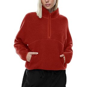 LASLULU Womens Half Zip Pullover Cropped Sweatshirts Sherpa Fleece Jacket Fuzzy Sweaters Cute Winter Jackets with Pockets