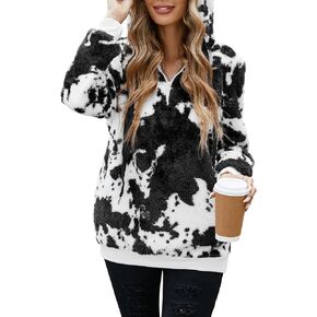 American Trends Cow Print Hoodie Fuzzy Hoodies for Women Sherpa Pullover Womens Fleece Oversized Sweatshirt Fluffy Sweater