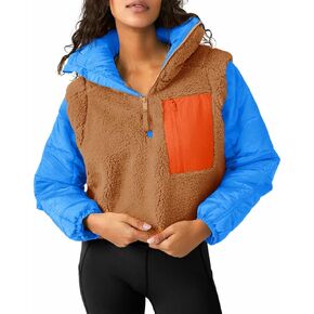 Tankaneo Womens Fleece Puffer Pullover Jacket Sherpa Fuzzy Coat Fall Winter Half Zip Color Block Sweatshirt