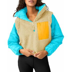 Tankaneo Womens Fleece Puffer Pullover Jacket Sherpa Fuzzy Coat Fall Winter Half Zip Color Block Sweatshirt