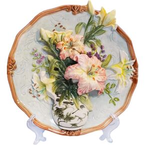 Ceramic Collections Plate, 3D Hand Painted Lilies Flower Decorative Tray with Display Stand -8"