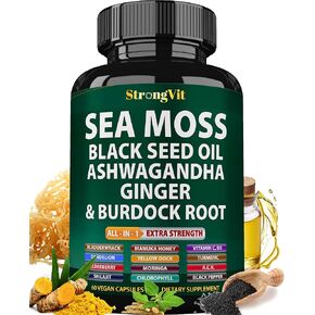 Sea Moss Black Seed Oil Ashwagandha Ginger, Sea Moss Capsules with Burdock Root, Organic Seamoss Pills, Irish Sea Moss with Bladderwrack Turmeric Shilajit, Multimineral Supplement, USA