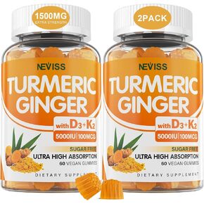 Sugar Free Turmeric Ginger Gummies with 5000 IU Vitamin D3 & K2 (MK7), C - Vegan Turmeric Gummies for Adults 1500mg with Black Pepper, Supports Comfort and Flexibility, Bone, Immune & Digestive Health