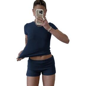 ZFLM Casual Workout Two Piece Outfits for Women Short Sleeve Crop High Waist Foldover Shorts Tracksuit Sets Streetwear