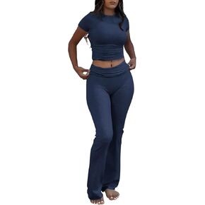ZFLM Casual Workout Two Piece Outfits for Women Short Sleeve Crop High Waist Foldover Flare Pants Tracksuit Sets Streetwear