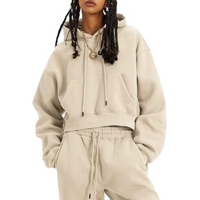 Womens Fleece 2 Piece Outfits Lounge Sets Crop Hoodies Tops Elastic Waist Jogger Pant Sweatsuits