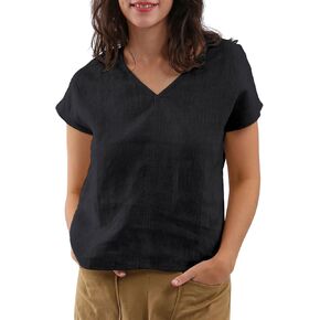 Amazhiyu Women's 100% Linen Tops Summer Short Sleeve V Neck Casual Blouse
