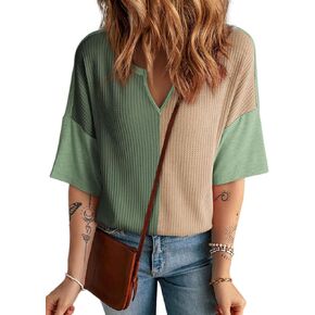 Dokotoo Womens Summer Tops Fashion 2025 Half Sleeve Waffle Knit Shirts Casual V Neck Colorblock Patchwork Blouses