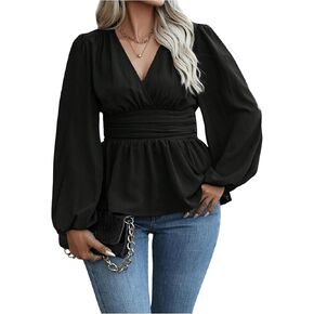 SHENHE Women's Plus Size Peplum Top Wrap V Neck Lantern Sleeve Empire Waist Ruffle Top Blouse