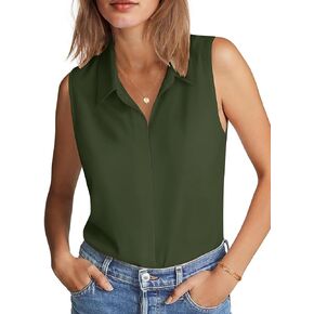 HOTOUCH Women's Sleeveless Button Down Shirts Hidden-Button Front Casual Loose Dressy Blouses V Neck Work Tank Tops