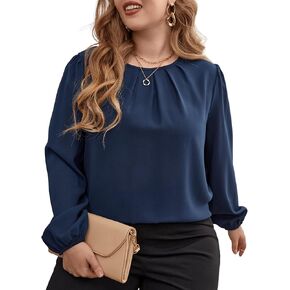 OYOANGLE Women's Plus Size Long Sleeve Crew Neck Pleated Blouse Basic Solid Work Business Top