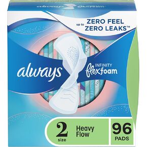 Always Infinity Feminine Pads for Women, Size 2 Regular, with Wings, unscented, 96c