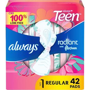Always Radiant Teen Feminine Pads with FlexFoam, Size 1, Regular, with Wings, Unscented, 42 CT