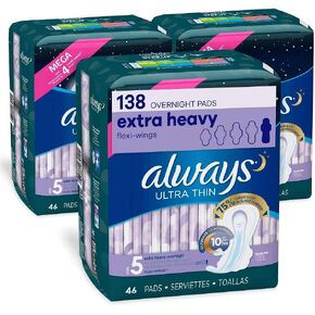 Always Ultra Thin Feminine Pads for Women, Size 5, Extra Heavy, Overnight Absorbency with Wings, 46 Count x 2 Packs (92 Count Total)