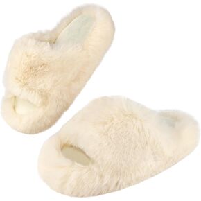 Girls Fuzzy Memory Foam Slippers Comfy丨Kids Fluffy Plush Open Toe House Slippers丨Slip On Furry Home Slides丨Indoor Outdoor Fur Flip Flop