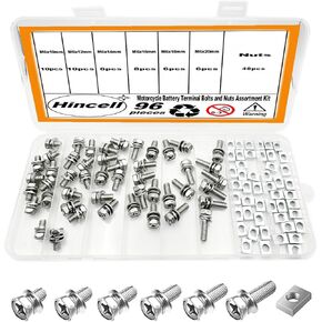 مجموعة متنوعة من البراغي والصواميل الطرفية لبطارية الدراجة النارية، 96 قطعة من Hincell 304 مسمار بطارية ATV من الفولاذ المقاوم للصدأ مع صواميل مربعة -M6*10/12/14/16/18/20 مم in Kuwait